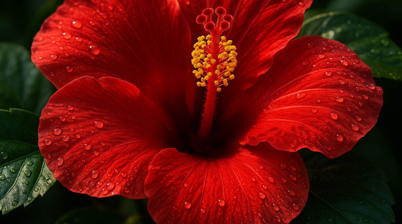 Ultra close up macro of vivid crimson tropical hibiscus flower and glossy foliage near bright window sill