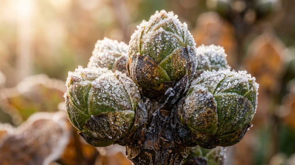Ultra close up macro of dormant hydrangea flower buds coated in delicate frost crystals in autumn