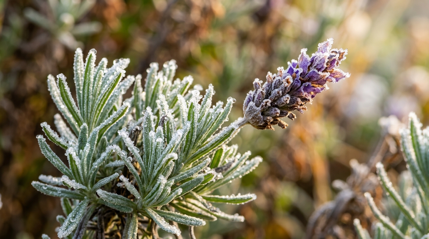 Ultra close-up macro of frosted English lavender foliage and purple calyx