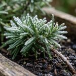 Ultra close-up macro of frosted rosemary needles in planter box