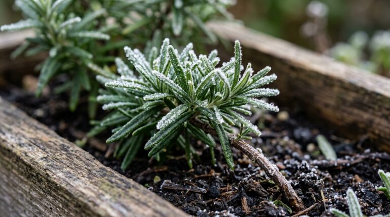 Ultra close-up macro of frosted rosemary needles in planter box