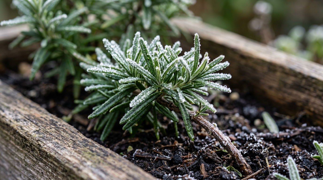 Ultra close-up macro of frosted rosemary needles in planter box