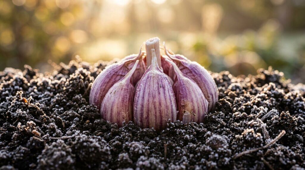 Macro photography of plump purple hardneck garlic cloves nestled upright in rich autumn garden soil