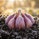 Macro photography of plump purple hardneck garlic cloves nestled upright in rich autumn garden soil