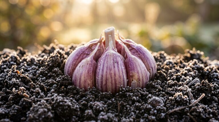 Macro photography of plump purple hardneck garlic cloves nestled upright in rich autumn garden soil