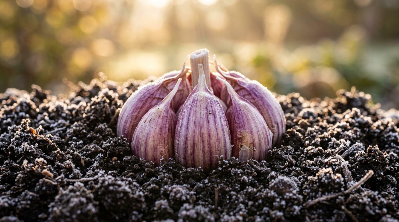 Ultra close-up macro photography of plump purple-striped hardneck garlic cloves nestled firmly pointing upright in dark, rich crumbly garden loam dusted with autumn morning frost