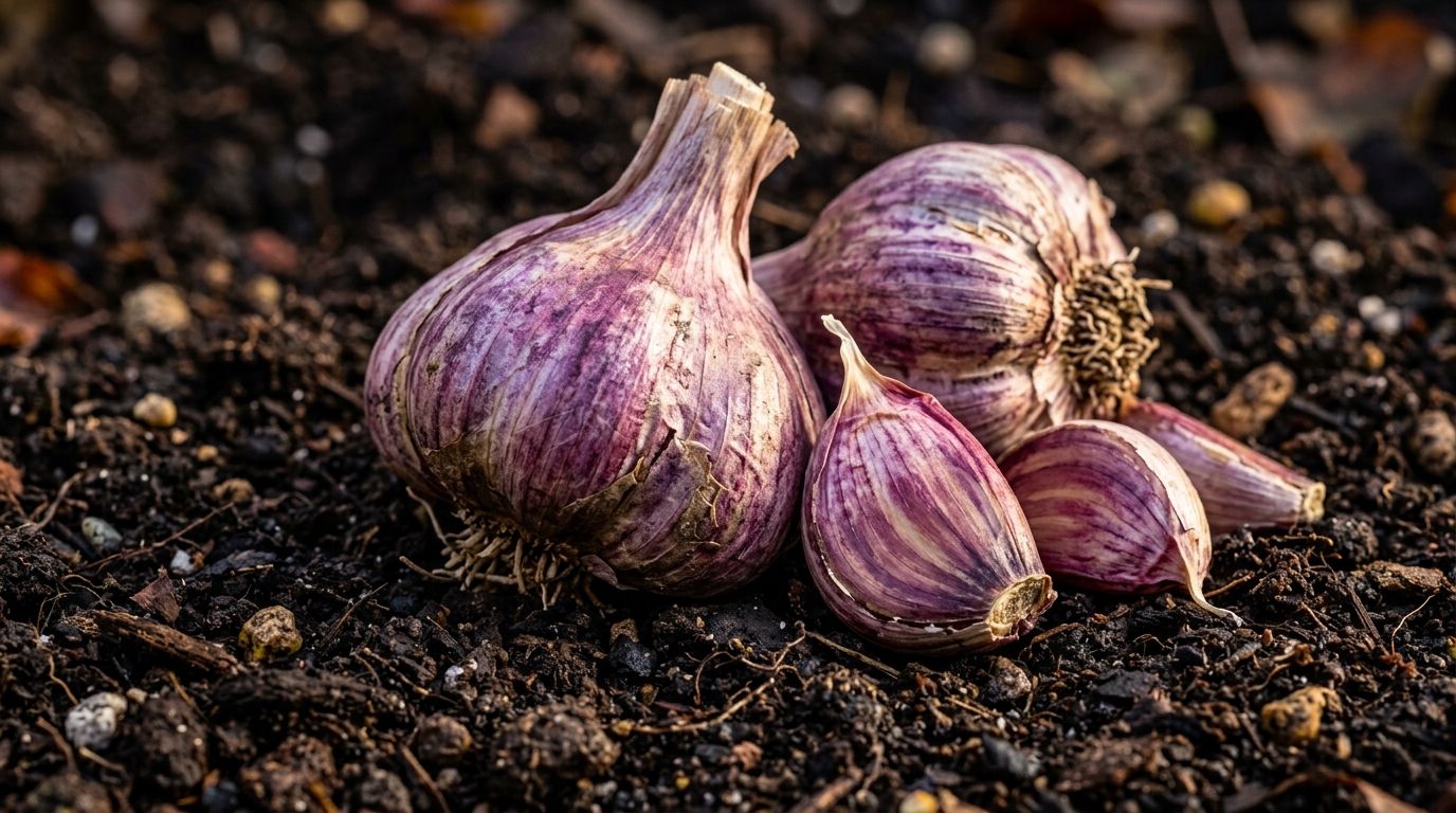 Ultra close-up macro of heirloom garlic head and plump cloves with purple wrappers on dark garden soil