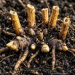 Ultra close up macro of dormant asparagus crown with root buds in dark autumn garden soil