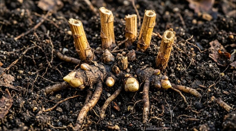 Ultra close up macro of dormant asparagus crown with root buds in dark autumn garden soil
