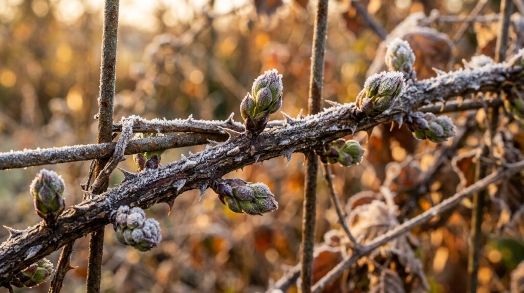 Dormant thorny blackberry cane on wire trellis dusted with morning frost crystals