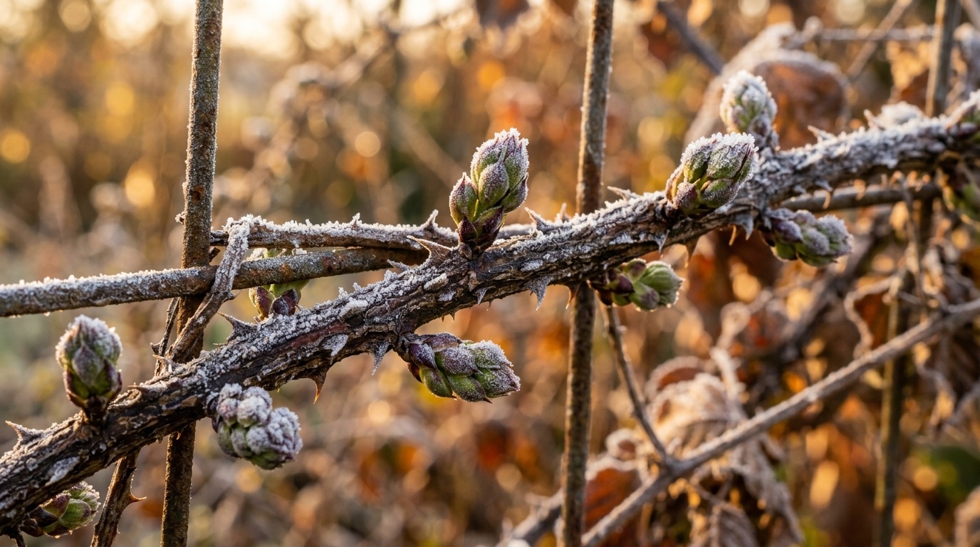 Macro close-up of dormant blackberry cane with sharp thorns and prominent green-purple buds on a wire trellis dusted with autumn frost