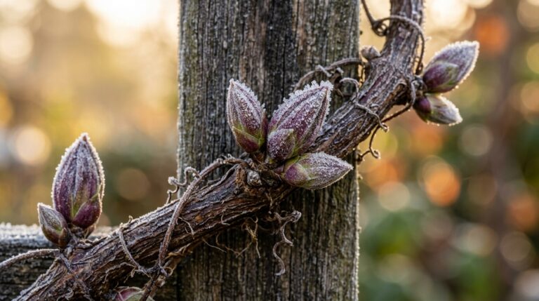 Dormant clematis vine with swollen buds on wooden trellis dusted with frost