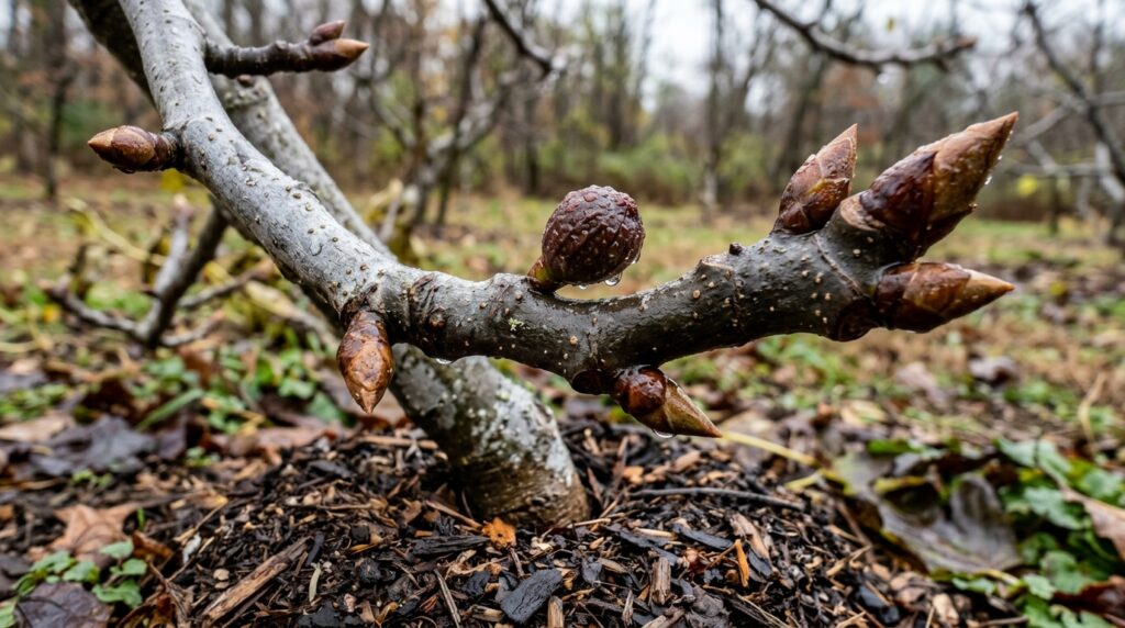 Ultra close-up macro of dormant fig branch with winter buds and breba embryo in autumn garden