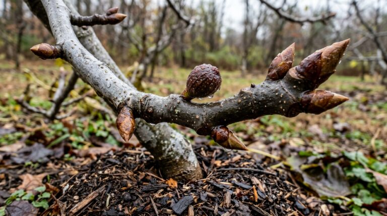 Ultra close-up macro of dormant fig branch with winter buds and breba embryo in autumn garden