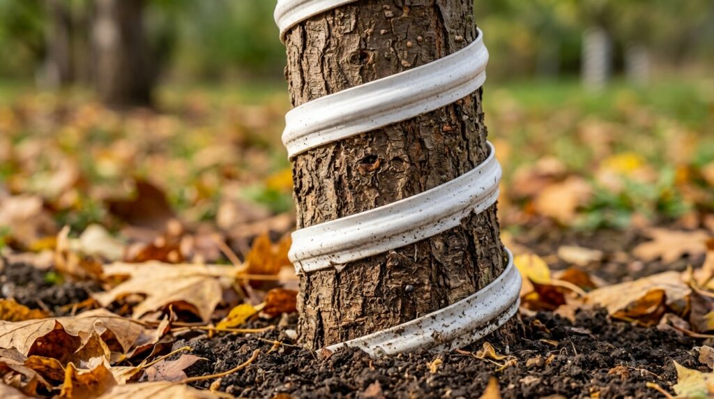 Ultra close-up macro of young fruit tree bark protected by white spiral tree guard in autumn orchard