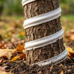 Ultra close-up macro of young fruit tree bark protected by white spiral tree guard in autumn orchard