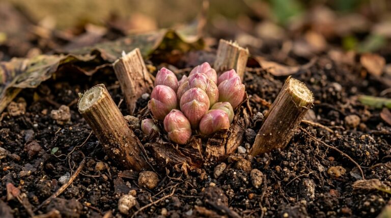 Ultra close up macro of healthy dormant hosta crown with buds in dark autumn loamy soil