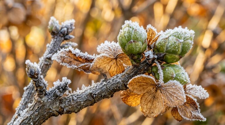 Frost-dusted bigleaf hydrangea woody stems and tender dormant flower buds in autumn