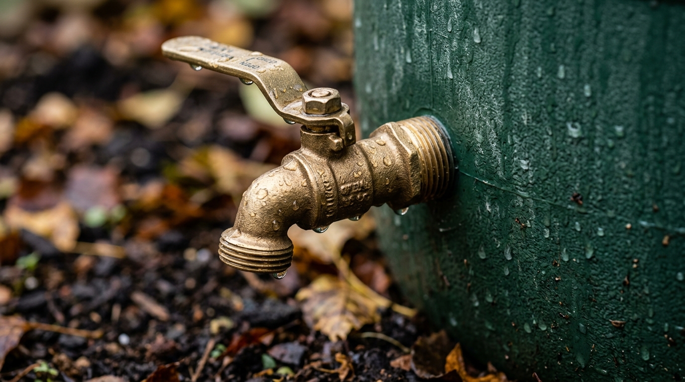 Ultra close-up macro of heavy-duty brass spigot valve on green rain barrel in autumn light
