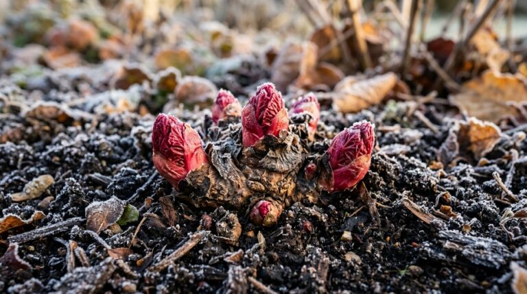 Dormant rhubarb crown with pink-red buds emerging above frosty soil in autumn