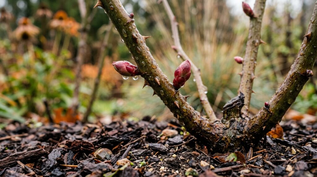 Ultra close-up macro of healthy dormant rose canes with swollen reddish buds in autumn garden