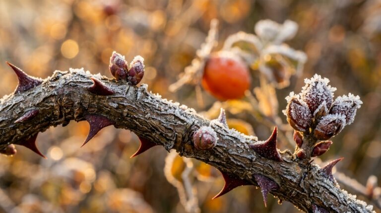 Frost-dusted dormant rose bush woody canes with crimson thorns and plump buds in autumn