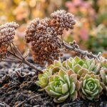 Frost-dusted Sedum Autumn Joy seedheads and green succulent basal rosettes in autumn