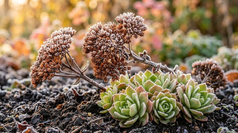 Frost-dusted Sedum Autumn Joy seedheads and green succulent basal rosettes in autumn